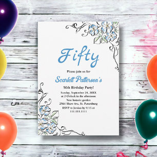 Invitación Elegantes Rosas Rústicos Azules Floral 50 cumpleañ