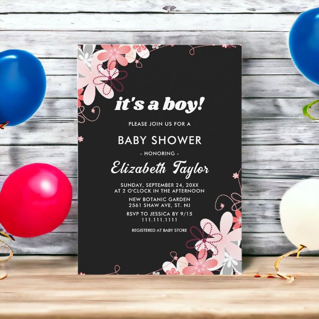 Invitación Elegantes Rosas Rústicos Black Floral Boy Baby Sho (Subido por el creador)