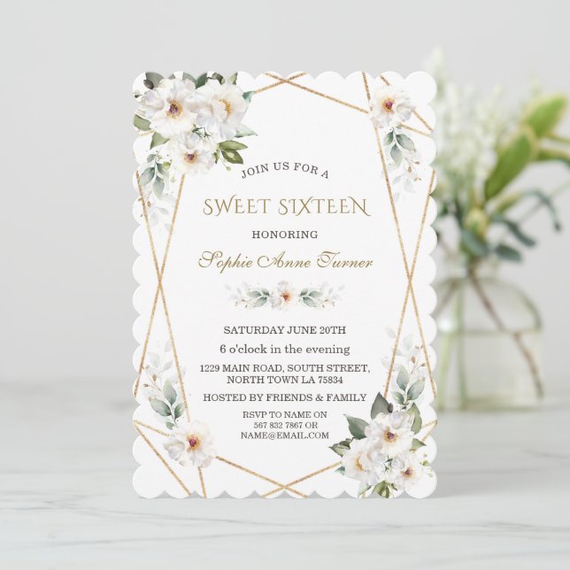 Invitación Elegantes Rosas salvajes blancos dulces de oro die (Anverso de pie)