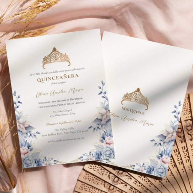 Invitación Elegantes rosas Tiara Gold Blue Quinceañera (Subido por el creador)