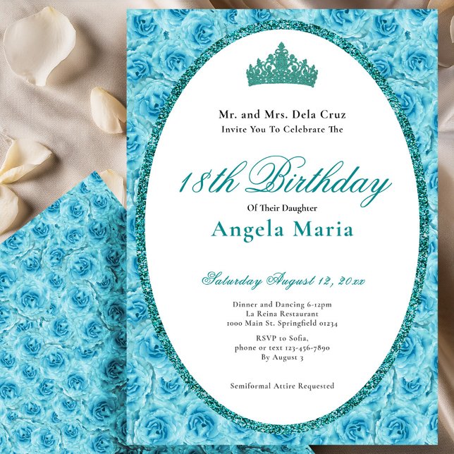 Invitación Elegantes Rosas Turquesa Floral Cumpleaños 18 Debu (Subido por el creador)