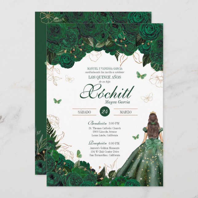 Invitación Elegantes Rosas verde esmeralda mariposa Quinceañe (Anverso / Reverso)