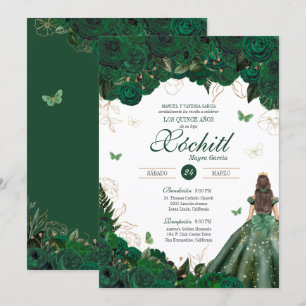 Invitación Elegantes Rosas verde esmeralda mariposa Quinceañe