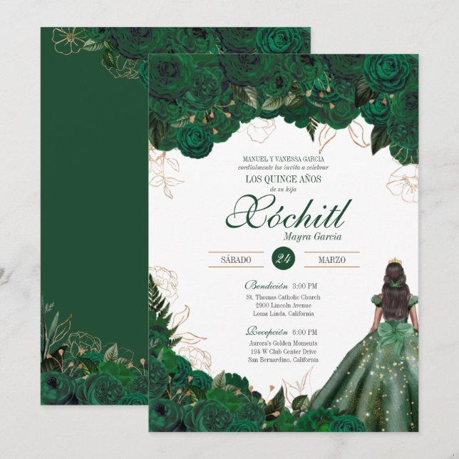 Invitación Elegantes Rosas verdes de esmeralda quinceañeros c (Anverso / Reverso)