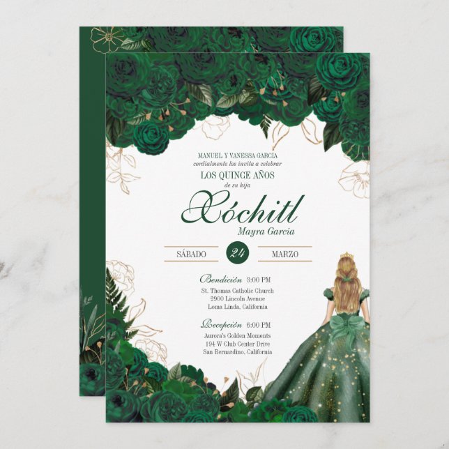 Invitación Elegantes Rosas verdes de esmeralda quinceañeros c (Anverso / Reverso)