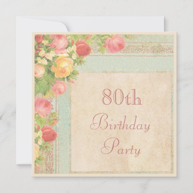 Invitación Elegantes Rosas Vintage 80 cumpleaños (Anverso)