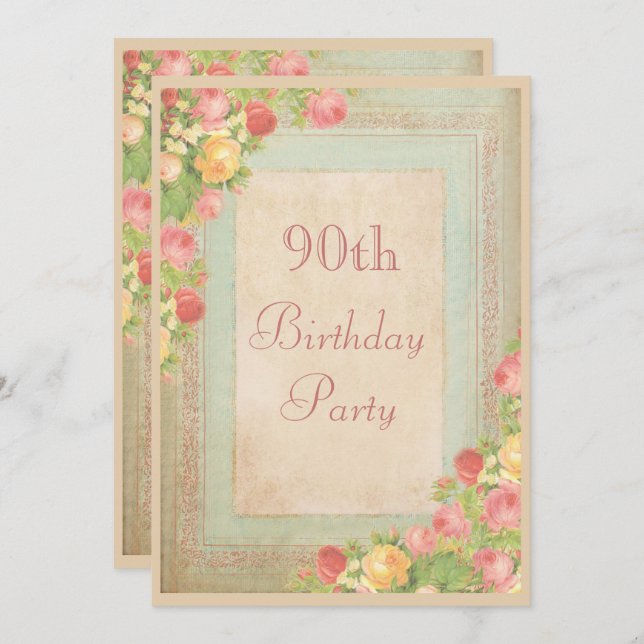 Invitación Elegantes Rosas Vintage Fiesta de Cumpleaños 90 (Anverso / Reverso)