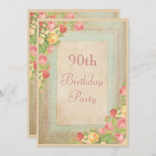 Invitación Elegantes Rosas Vintage Fiesta de Cumpleaños 90