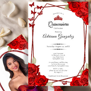 Invitación Elegantes Rosas y Corona Roja Quinceañera