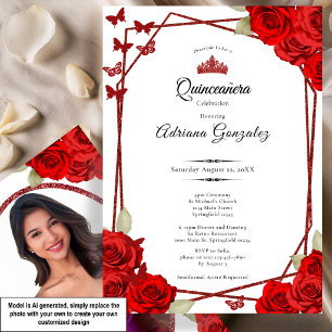 Invitación Elegantes Rosas y Corona Roja Quinceañera