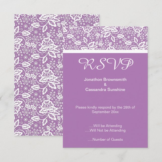 INVITACIÓN ELEGANTES RSVP DE ENCAJE BLANCO PÚRPURA (Anverso / Reverso)