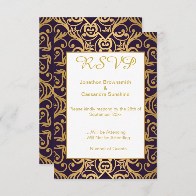 INVITACIÓN ELEGANTES RSVP FLORAL NAVY BLANCO Y ORO (Anverso / Reverso)