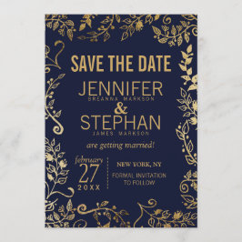Invitación Elegantes Save the Dates florales de azul marino y