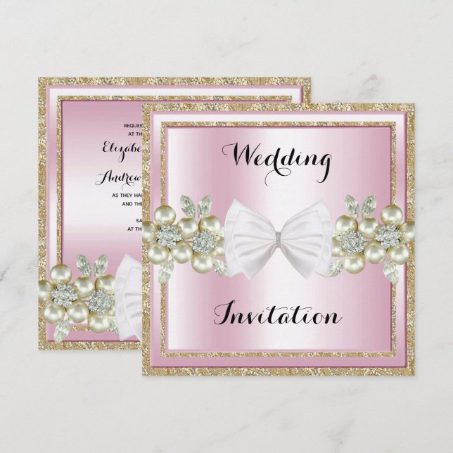 Invitación Elegantes secuelas y gemas florales Purpurina Bow  (Anverso / Reverso)