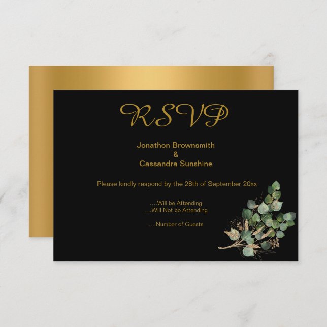 INVITACIÓN ELEGANTES SIMPLE ORO NATIVO ORO RSVP NEGRO  (Anverso / Reverso)