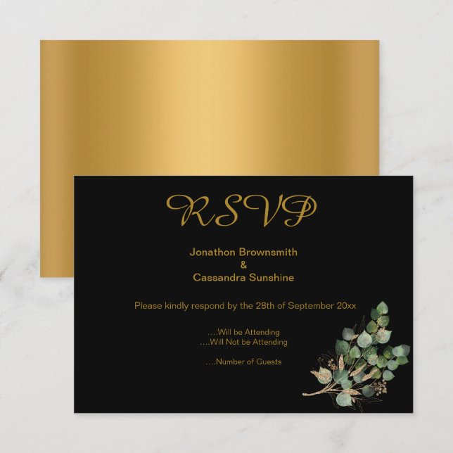 INVITACIÓN ELEGANTES SIMPLE ORO ORO NATIVE NEGRO RSVP  (Anverso / Reverso)