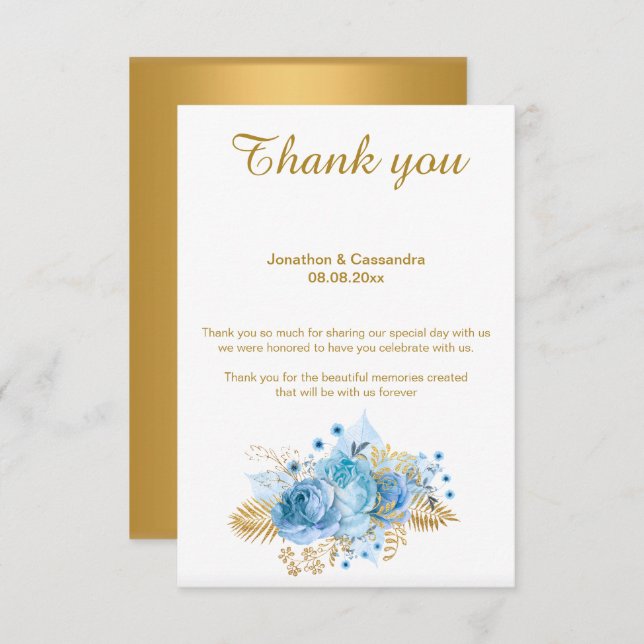 INVITACIÓN ELEGANTES SIMPLES FLORES AZULES CON REVÉS DE ORO G (Anverso / Reverso)