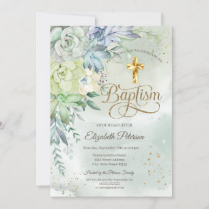 Invitación Elegantes suculentas de cruz de oro sobre fondo ve