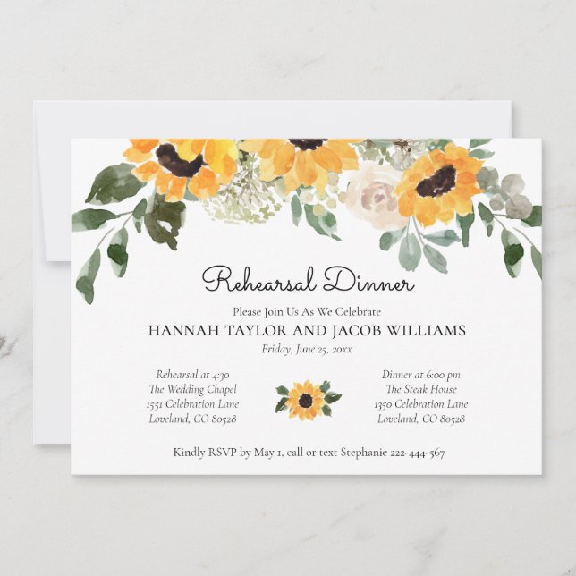 Invitación Elegantes Sunflowers Eucalyptus Rehearsal Dinner (Anverso)