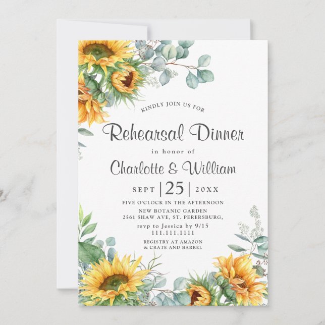 Invitación Elegantes Sunflowers Eucalyptus Rehearsal Dinner (Anverso)
