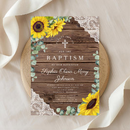 Invitación Elegantes Sunflowers Lace Wood Cross Baptism