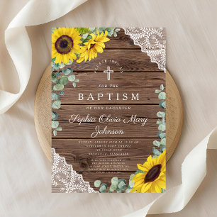 Invitación Elegantes Sunflowers Lace Wood Cross Baptism