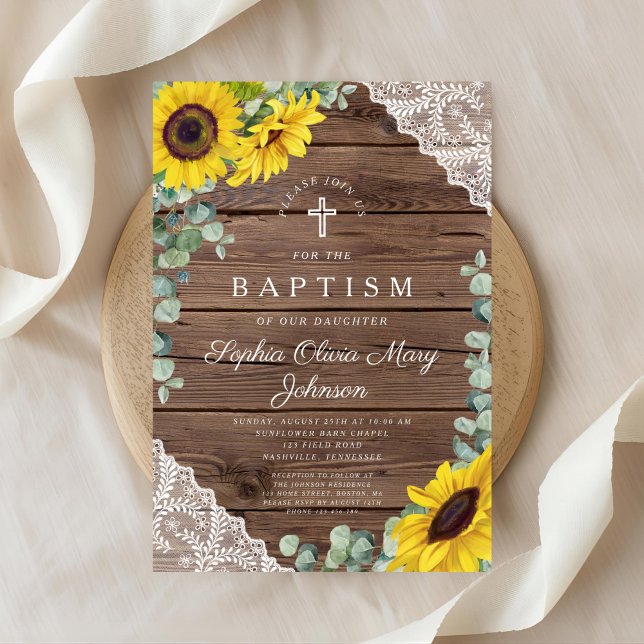 Invitación Elegantes Sunflowers Lace Wood Cross Baptism (Front Elegant Sunflowers Lace Wood Cross Baptism Invitation)