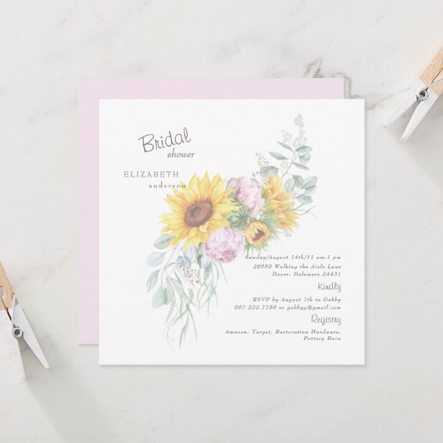 Invitación Elegantes Sunflowers Pink Peony Bridal Square Invi (Anverso/Reverso In Situ)