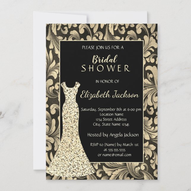 Invitación Elegantes Swirls Gold,Ducha Nodal Vestido Purpurin (Anverso)