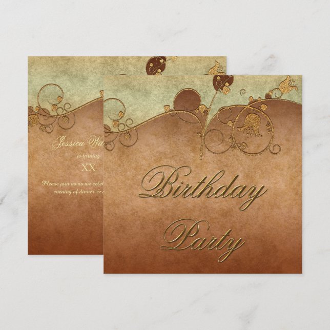 Invitación Elegantes Swirls Gold y decoración floral Cumpleañ (Anverso / Reverso)