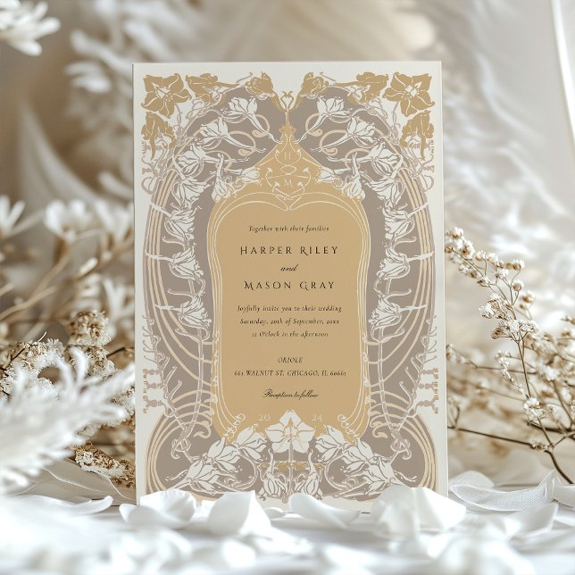 Invitación Elegantes tonos Art Nouveau Boda crema de oro (Subido por el creador)