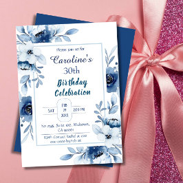 Invitación Elegantes tonos azules de 30 años florales de azul