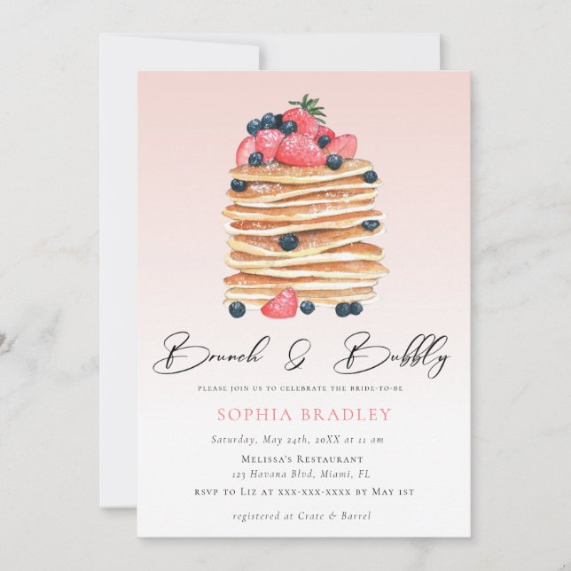 Invitación Elegantes tortas de crepes de brunch rosa (Anverso)