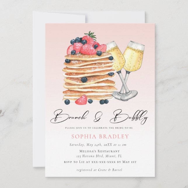 Invitación Elegantes tortas de crepes de brunch rosa (Anverso)