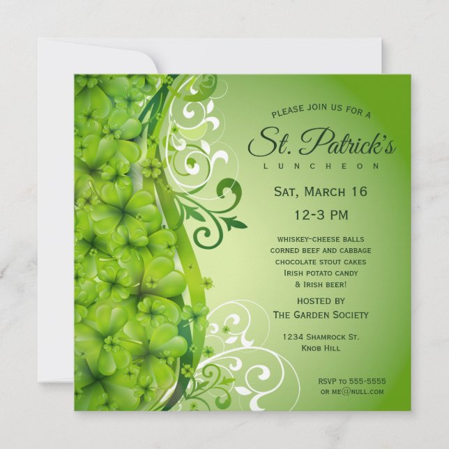 Invitación Elegantes tréboles y rollos del Día de San Patrici (Anverso)