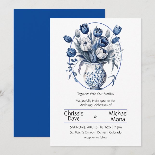 Invitación Elegantes tulipanes blancos y azules en Boda de ab (Anverso / Reverso)