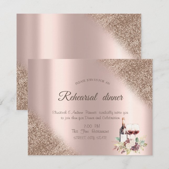 Invitación Elegantes uvas de vino Rosa Purpurina de oro (Anverso / Reverso)