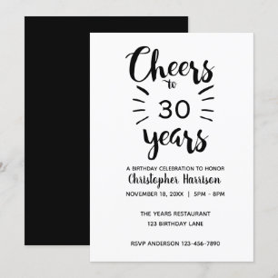 Invitación Elegantes vítores blancos y negros a 30 años