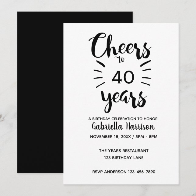 Invitación Elegantes vítores blancos y negros a los 40 años (Anverso / Reverso)