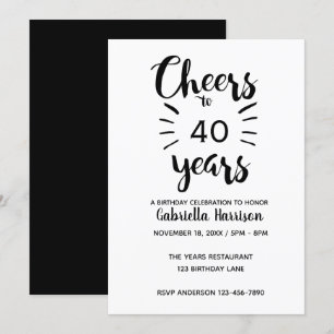 Invitación Elegantes vítores blancos y negros a los 40 años