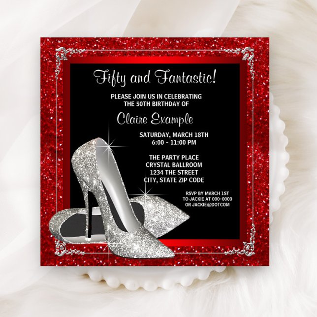 Invitación Elegantes Zapatos de Tacón Alto con Brillo Rojo pa (Elegant silver shoes on a beautiful red, black background any number birthday and event invitation.)