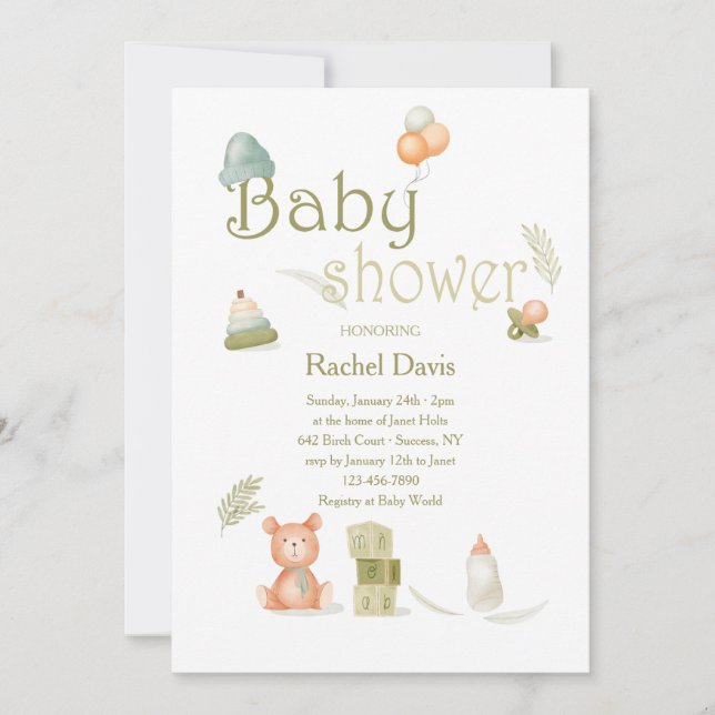 Invitación Elementos de Baby Shower en acuarela (Anverso)