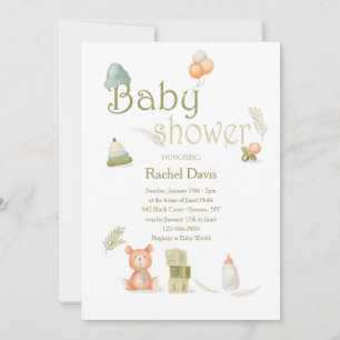 Invitación Elementos de Baby Shower en acuarela