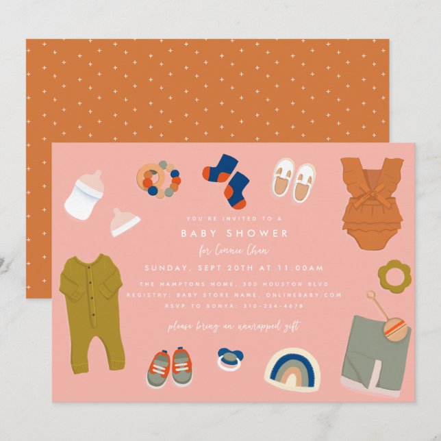 Invitación Elementos de bebé pequeños ilustrados Baby Shower  (Anverso / Reverso)