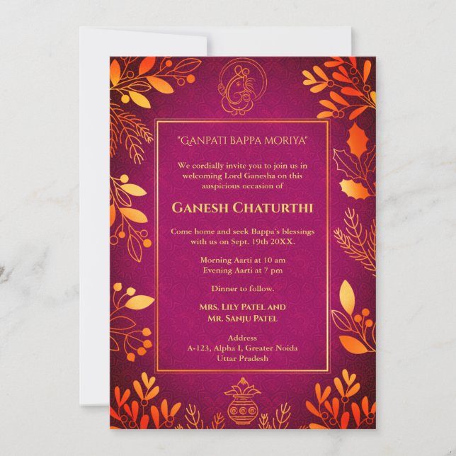 Invitación Elementos dorados de Ganesh Chaturthi Puja (Anverso)