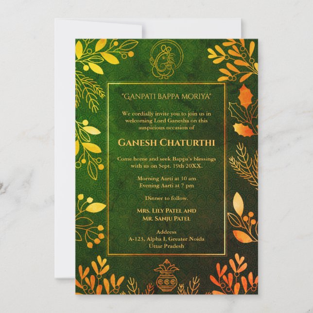 Invitación Elementos dorados de Ganesh Chaturthi Puja (Anverso)