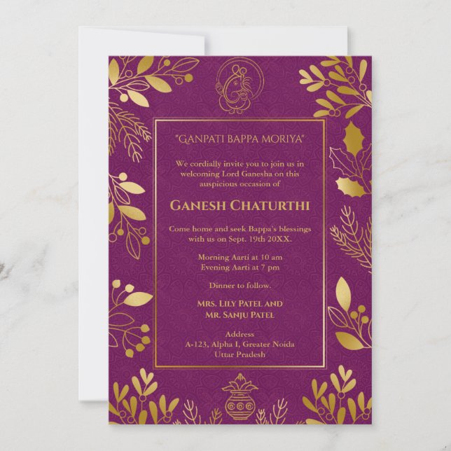 Invitación Elementos dorados de Ganesh Chaturthi Puja (Anverso)