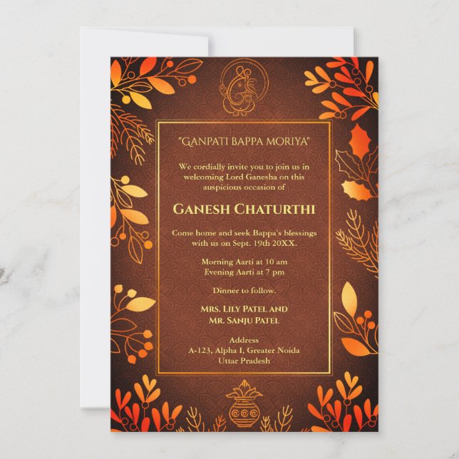 Invitación Elementos dorados de Ganesh Chaturthi Puja (Anverso)