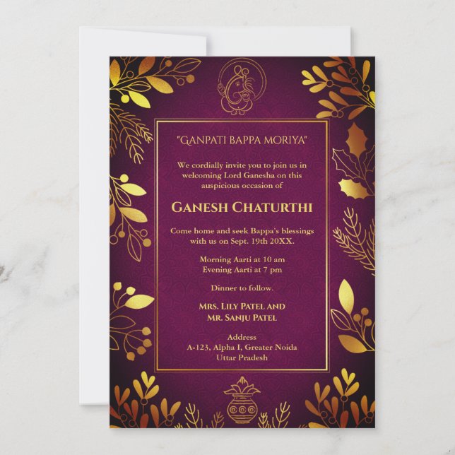 Invitación Elementos dorados de Ganesh Chaturthi Puja (Anverso)