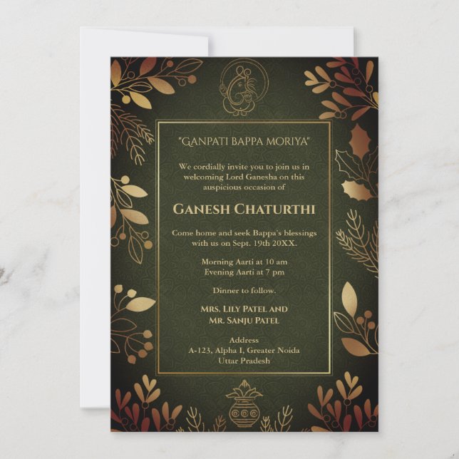 Invitación Elementos dorados de Ganesh Chaturthi Puja (Anverso)